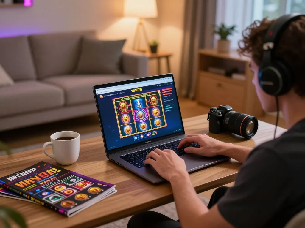 Engaging in winning strategies at win678 casino with laptop and colorful games displayed