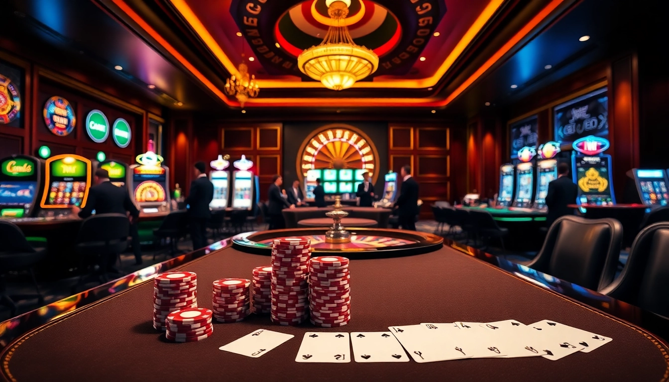 Situs Slot Terpercaya shines in an upscale casino environment with poker chips and vibrant roulette.