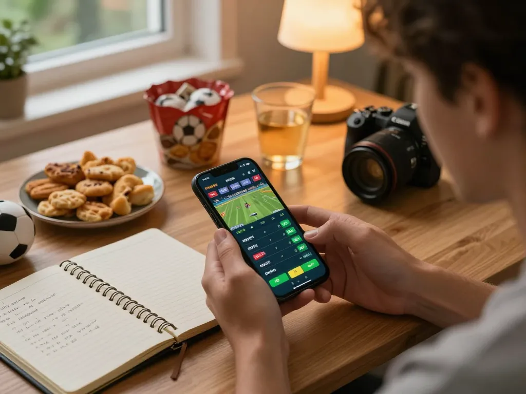 Engaging with the nk88 sports betting app during an exciting home game night, capturing a festive atmosphere with drinks and snacks.