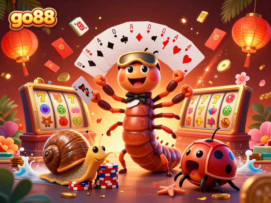 Engage with go88's thrilling world as a cartoon millipede dealer showcases vibrant slot reels.