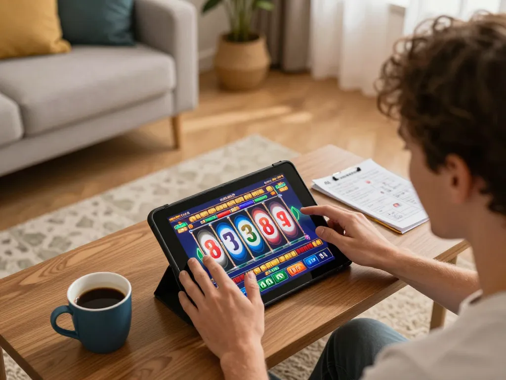 RR88 user enjoying an online slot game on tablet, showcasing exciting gaming experience.