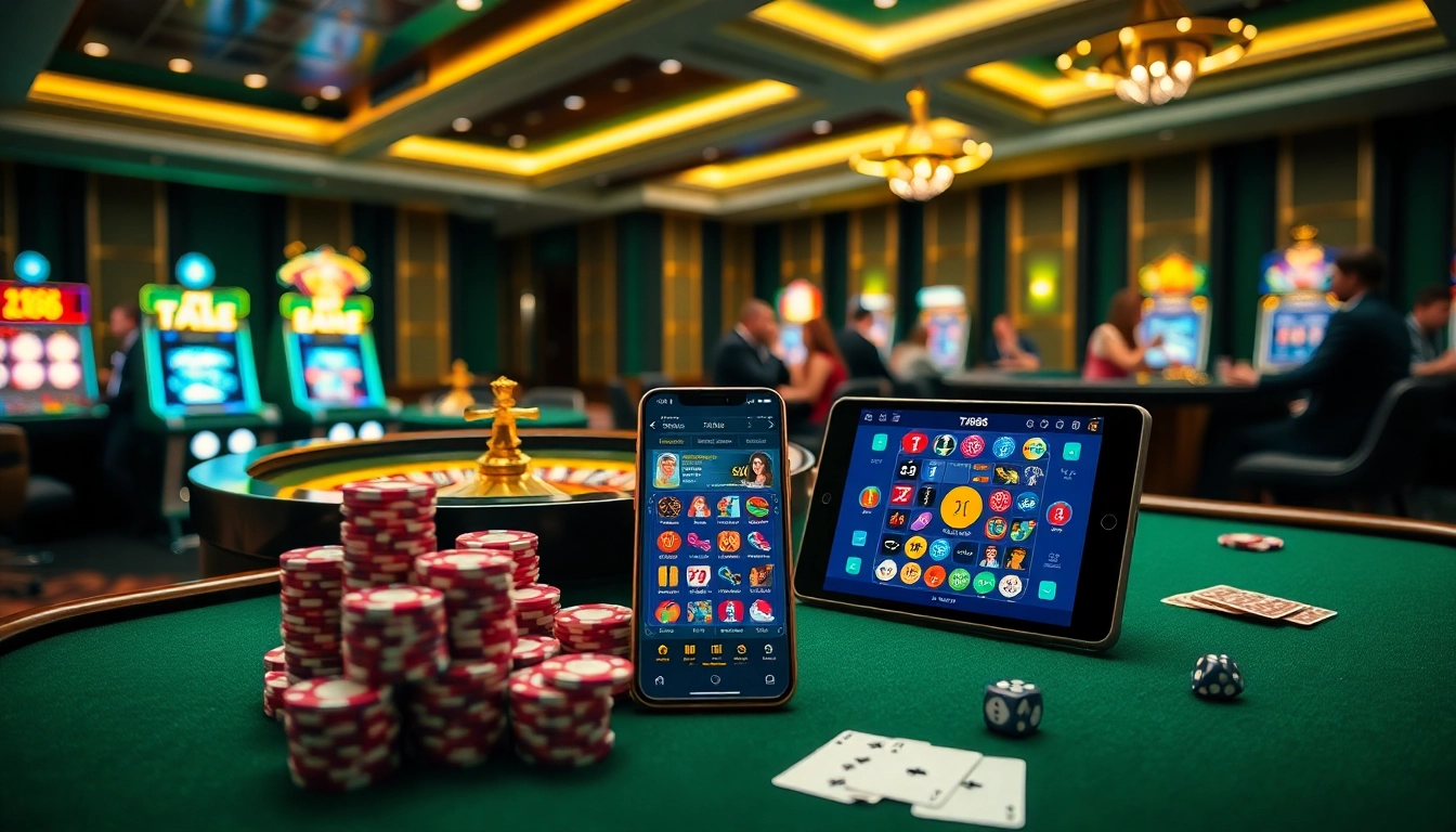 Engage with thrilling casino action at the TA88 app, showcasing vibrant slot machines and a roulette table.