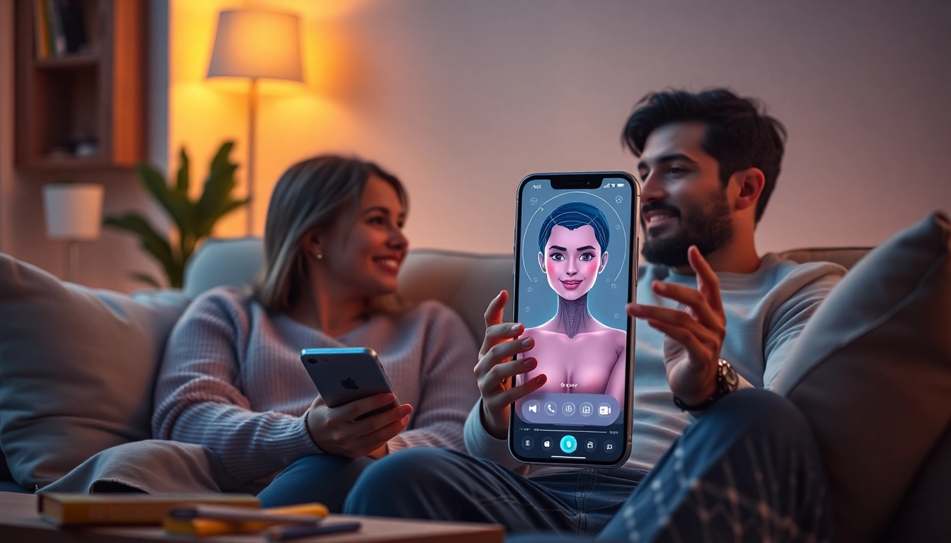 Engaging scene of a couple interacting with a sex AI character on a smartphone, cozy and inviting atmosphere.