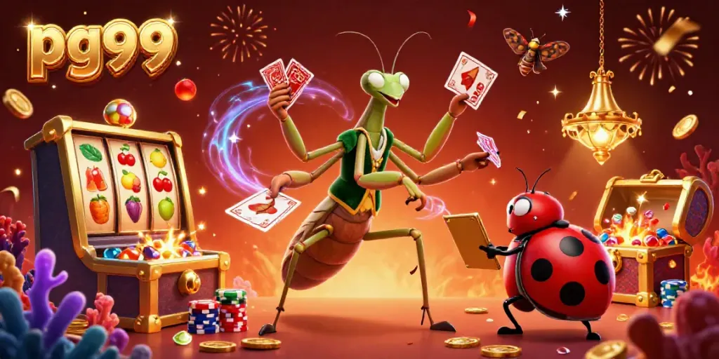 Experience thrilling pg99 action with vibrant slot reels and engaging casino characters.