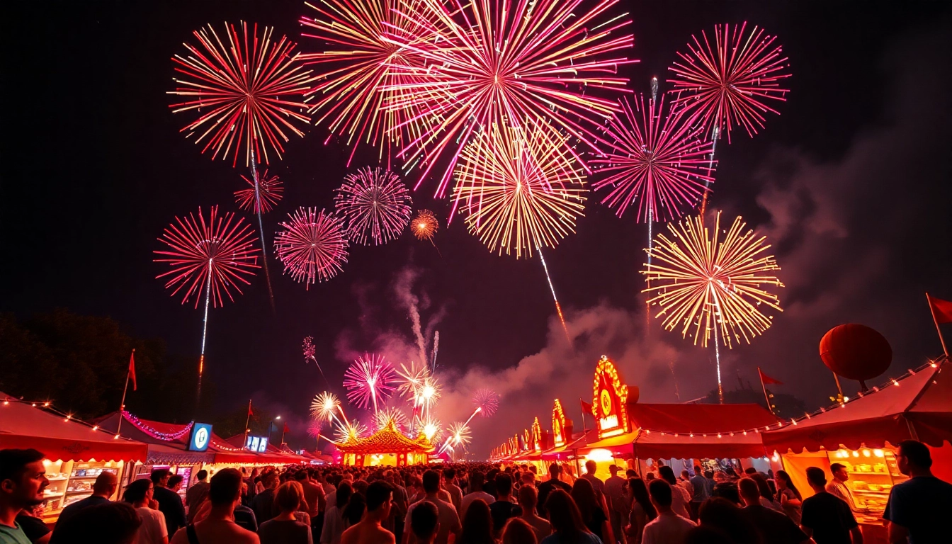 Celebrate with spectacular wholesale fireworks illuminating a festive outdoor setting.