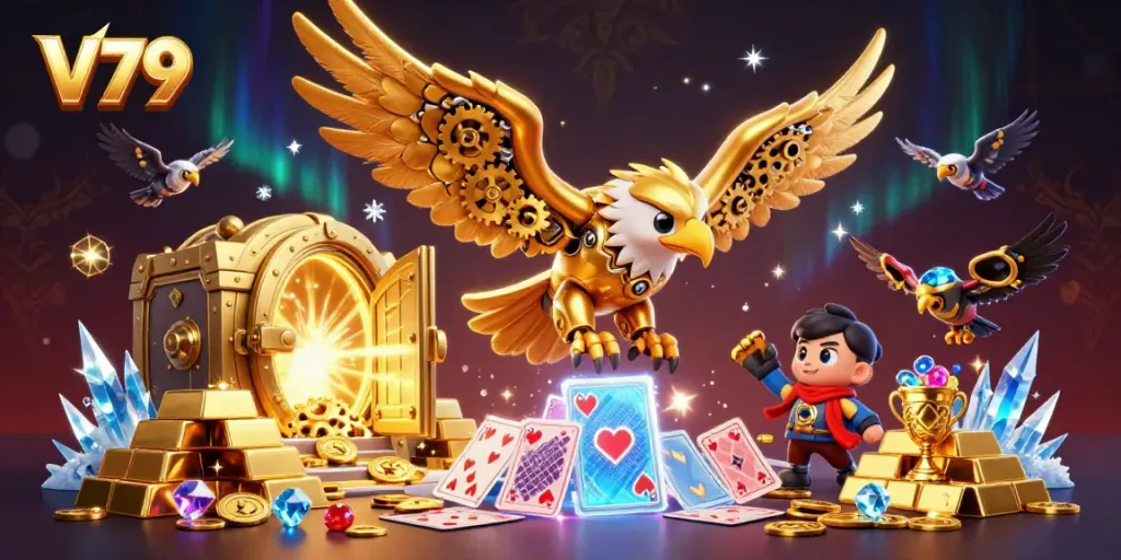 Experience the excitement of V79 with the thrilling dive of a cybernetic golden eagle amidst glowing treasures and holographic cards.