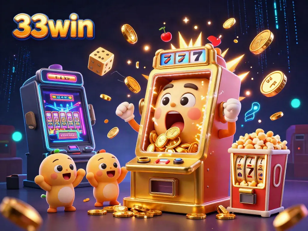 Experience the thrilling jackpot excitement at 33win with a golden slot machine bursting coins in this vibrant, dynamic illustration.