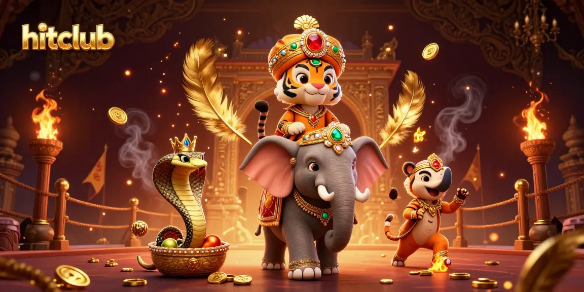 Join the hitclub as a vibrant tiger rides an elephant surrounded by casino elements!
