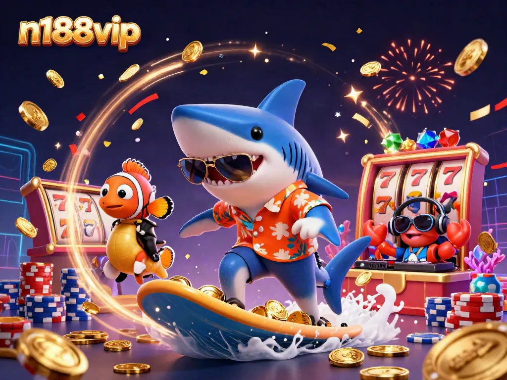 Experience the thrill of n188vip with a vivid scene featuring a shark surfing coins and 3D jackpot slots.