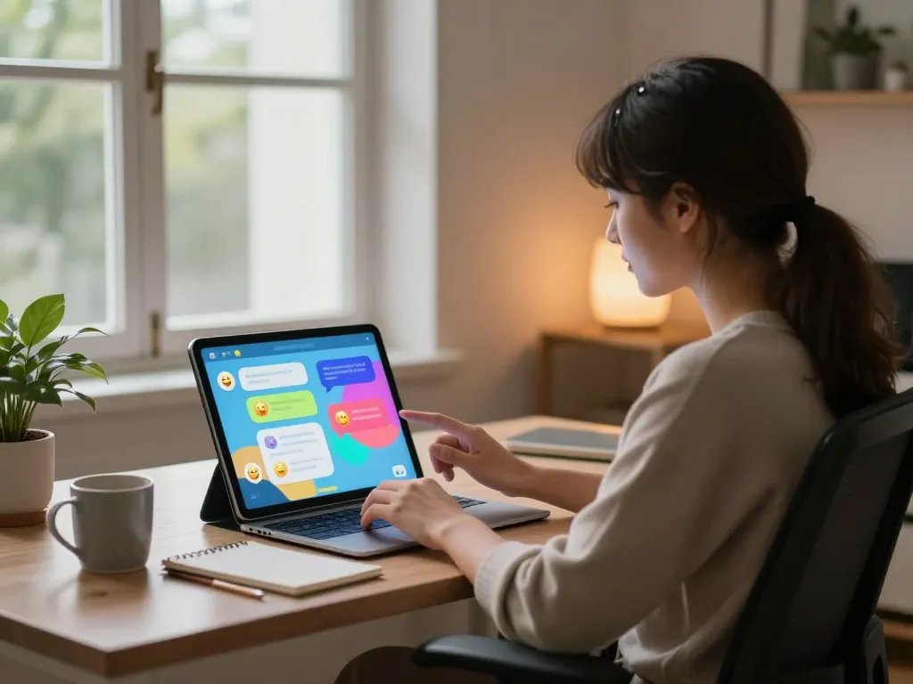 Engaging user experience with sex chat ai on a sleek tablet in a cozy home office.