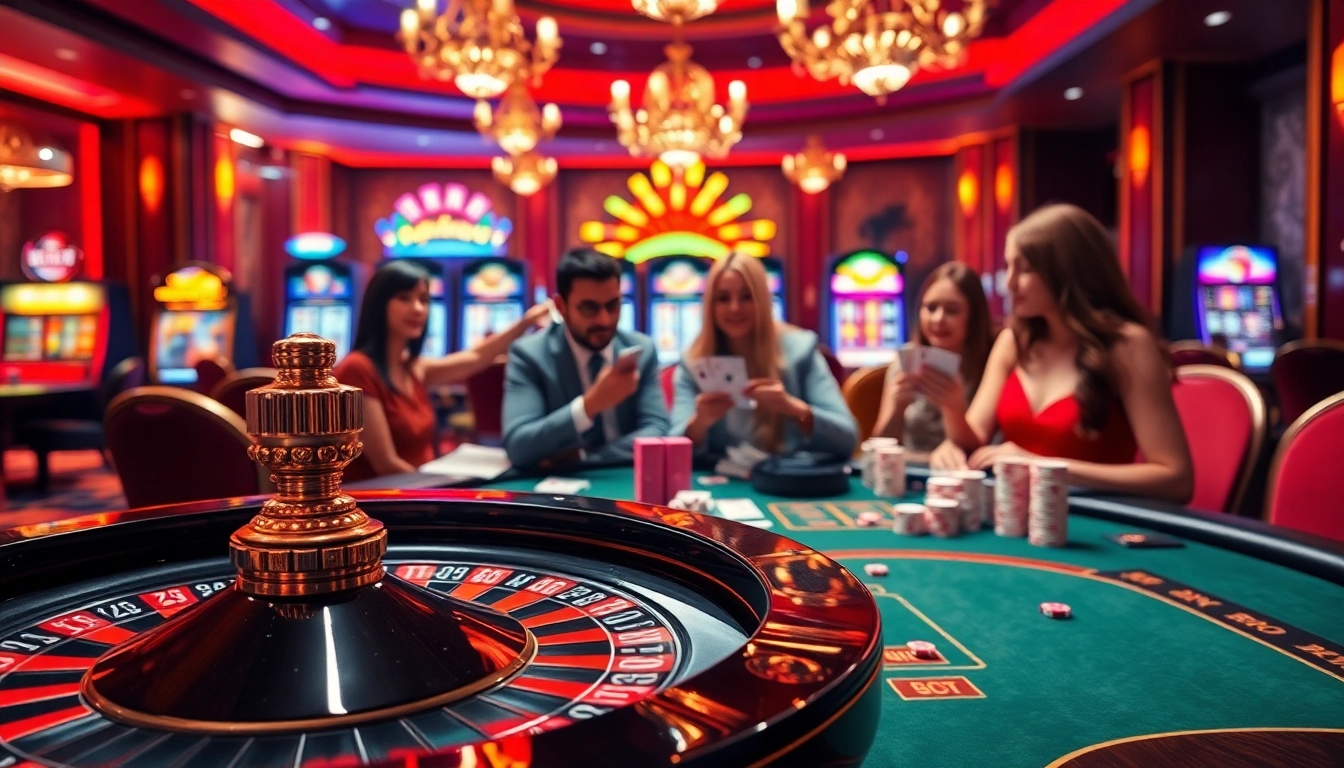 Experience the thrill at trang chủ rr88, witnessing a vibrant casino scene with poker tables and a roulette wheel.