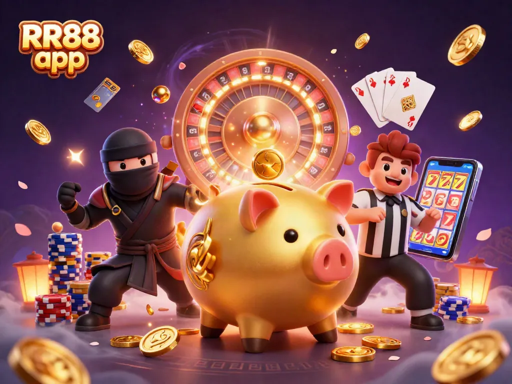 Experience the thrill with RR88 app featuring dynamic gaming characters and vibrant casino elements.