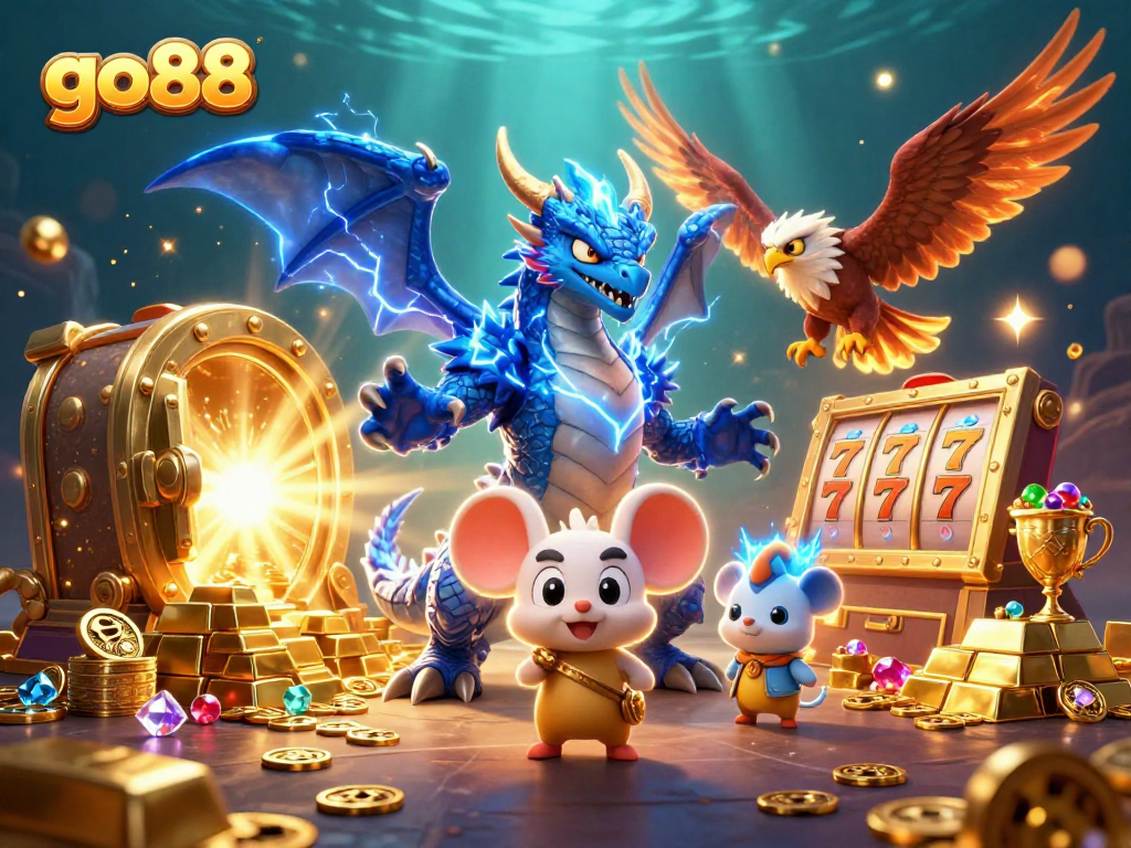 go88 slot adventure featuring a thunder dragon, wind hawk, and gems amidst golden riches.