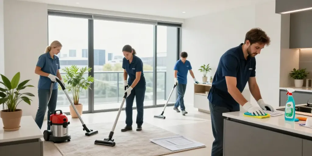 Professional team performing End of lease cleaning Melbourne in a modern apartment with eco-friendly products.