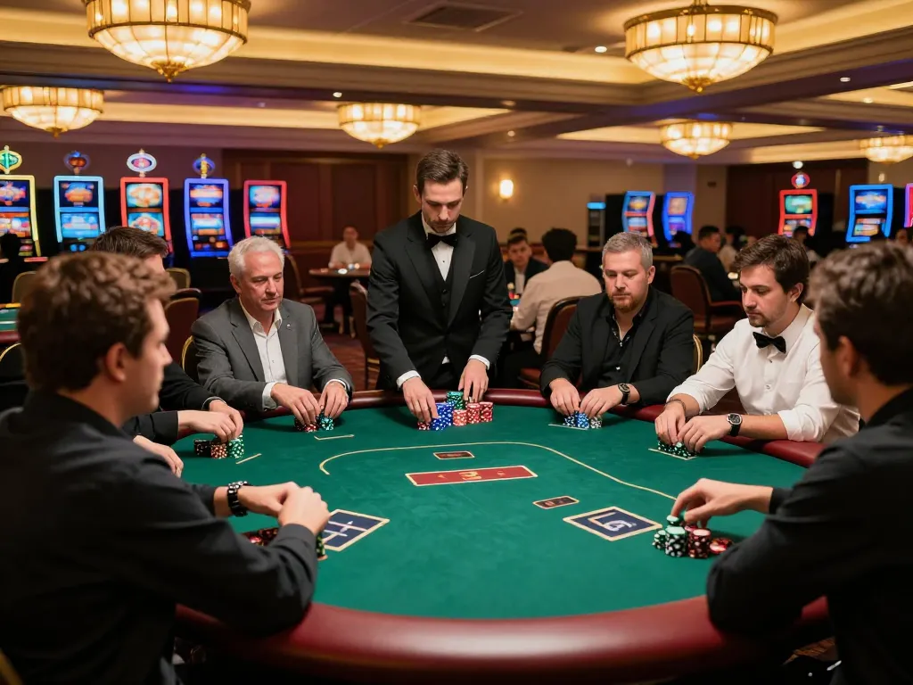 Players strategizing at a poker table during a high-stakes game of sc88 in an upscale Las Vegas casino.