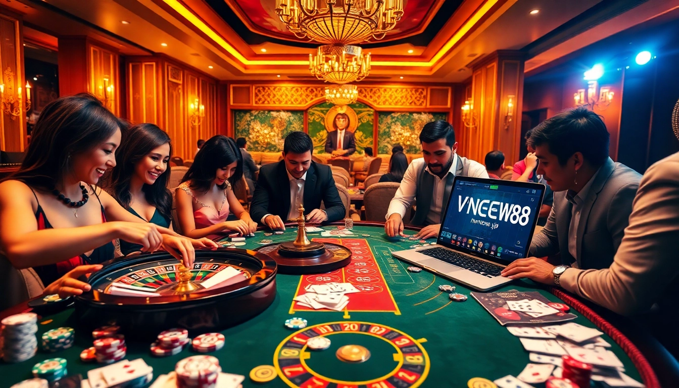 Experience thrilling gameplay at https://vnew88.vip/ with poker chips and roulette, showcasing casino excitement.