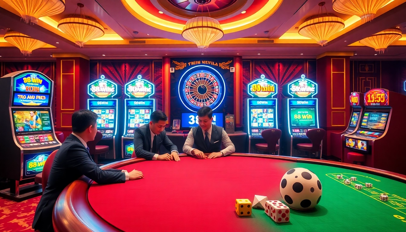 The 98win trang chu platform showcased with a vibrant casino scene featuring poker and slot machines.