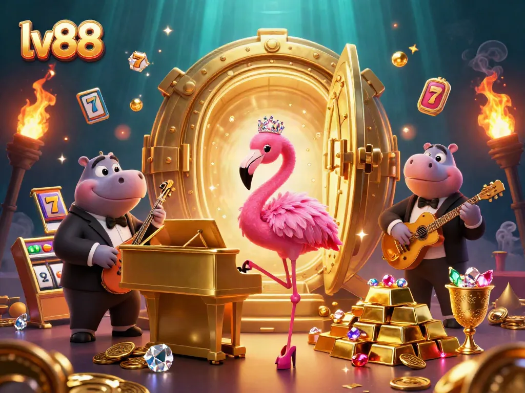 Engage in the thrilling world of lv88 slots with a vibrant casino scene showcasing lively characters and sparkling treasures.