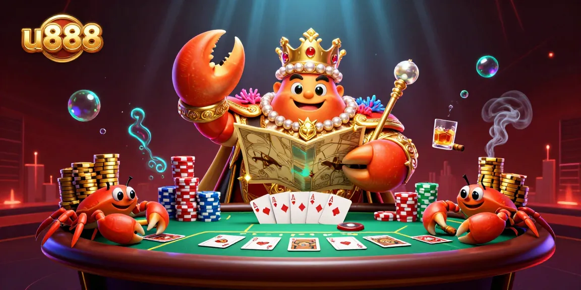 Engage in thrilling u888 gaming with a vibrant 3D scene showcasing a golden crab emperor and dynamic poker elements.