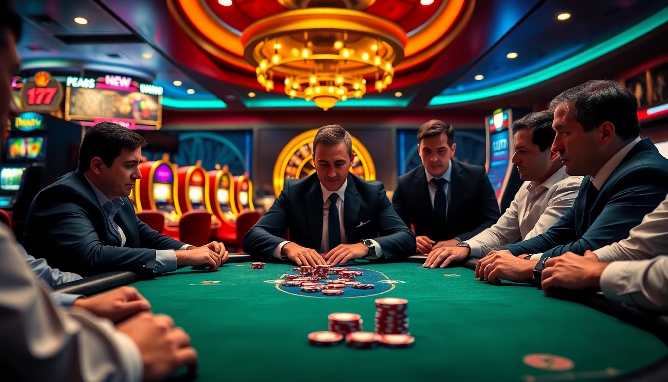 Players strategizing at a Hi88bet poker table, showcasing excitement in a luxury casino.