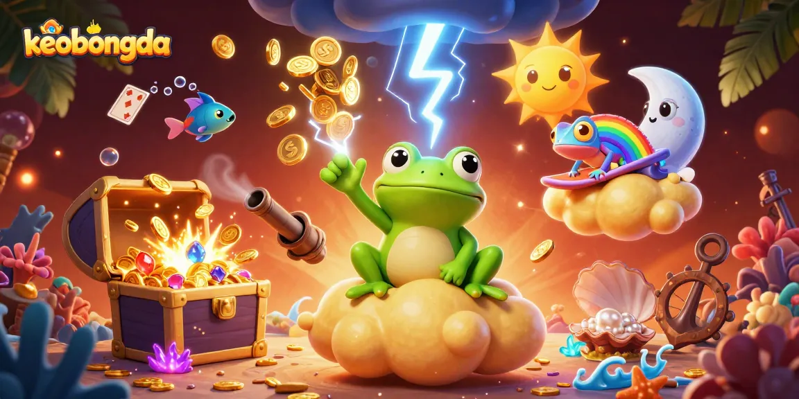Engage with keobongda's vibrant 3D illustrated scene of a weather wizard frog showering golden coins in a rich casino atmosphere.