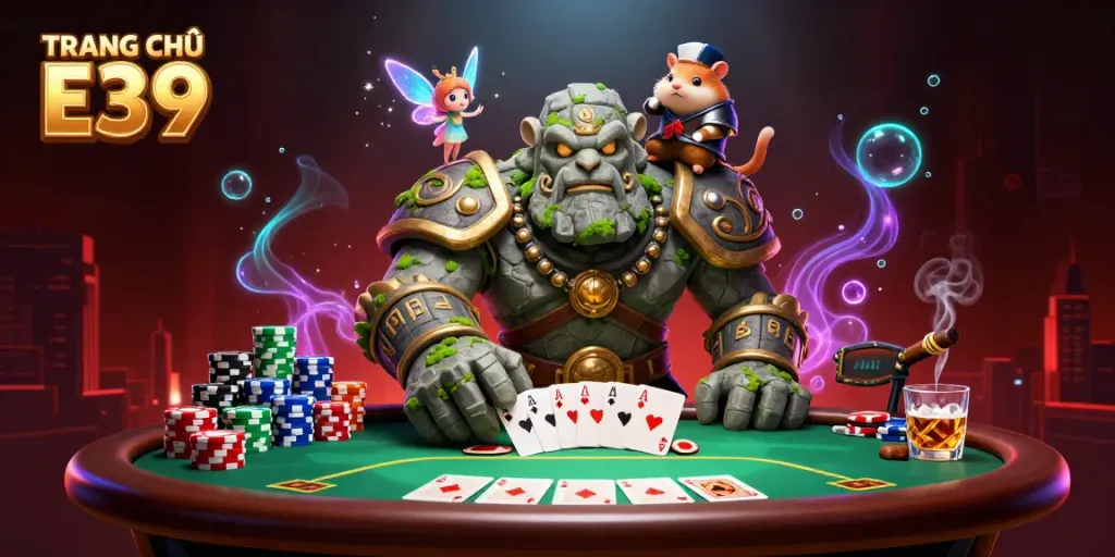 Engage with TRANG CHỦ E39's vibrant 3D casino scene showcasing characters in action amidst poker chips and cards.
