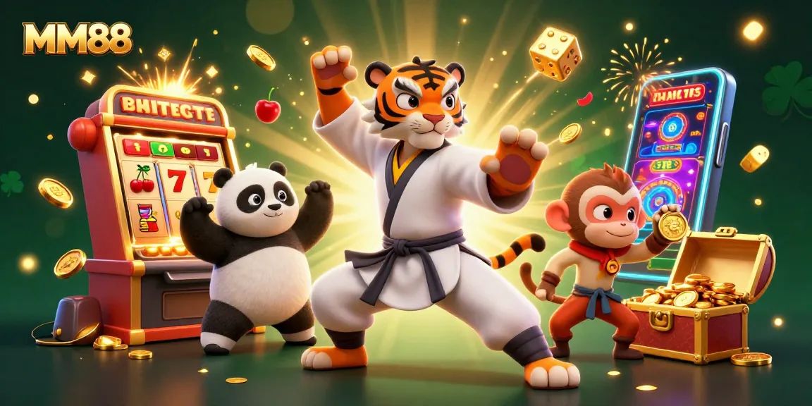 Experience the thrill of MM88 with a dynamic illustration featuring a kung fu tiger and vibrant casino elements.