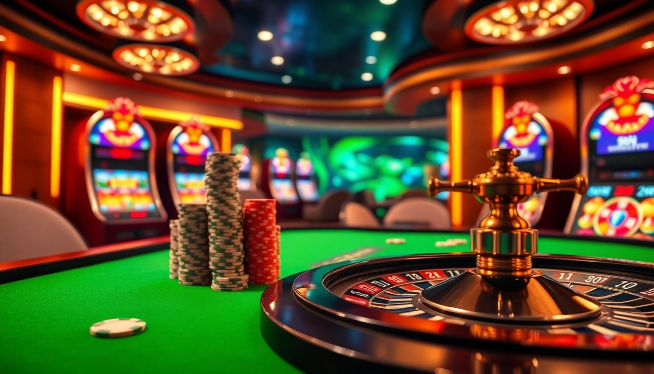 Excited players enjoying a vibrant online casino scene at 88i, featuring poker chips, roulette wheel, and slot machines.