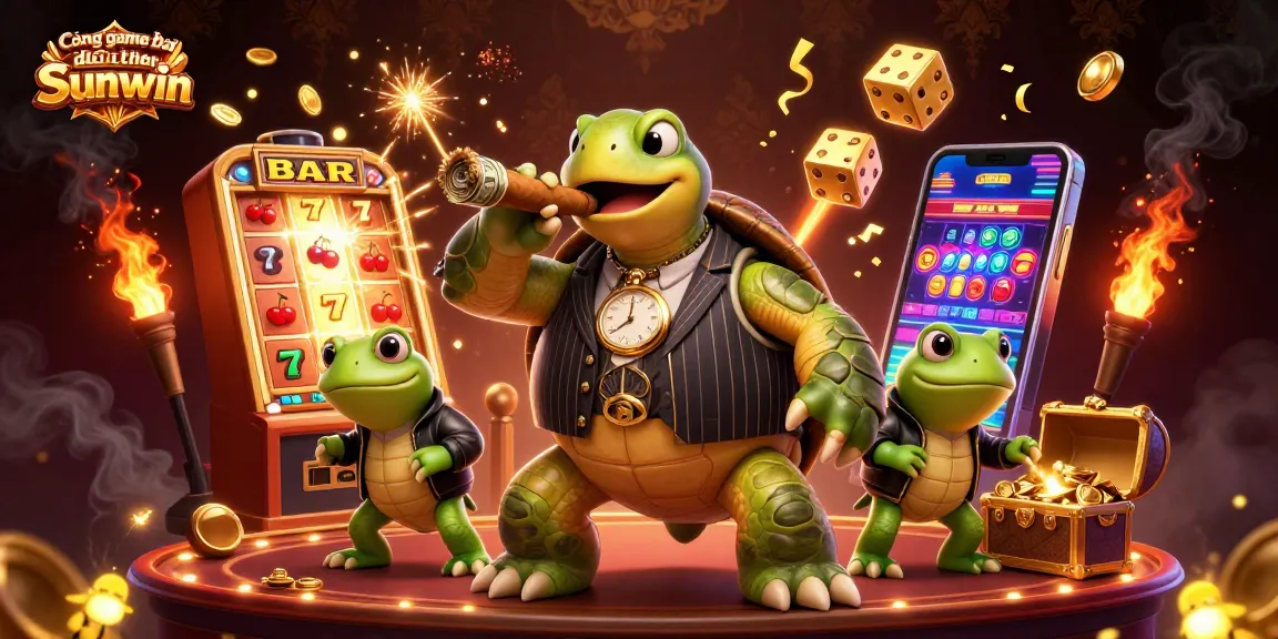 Cổng game bài đổi thưởng Sunwin showcases an exciting casino scene with a snapping turtle mobster and vibrant game elements.