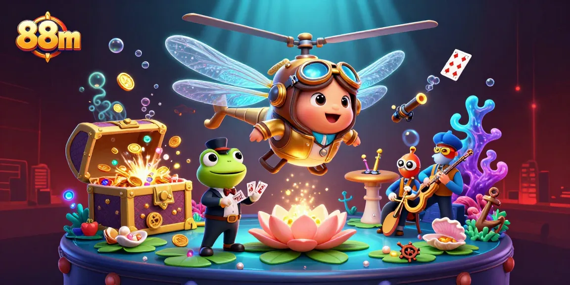 Engage with the 88m online casino experience featuring a dragonfly pilot and a frog croupier.