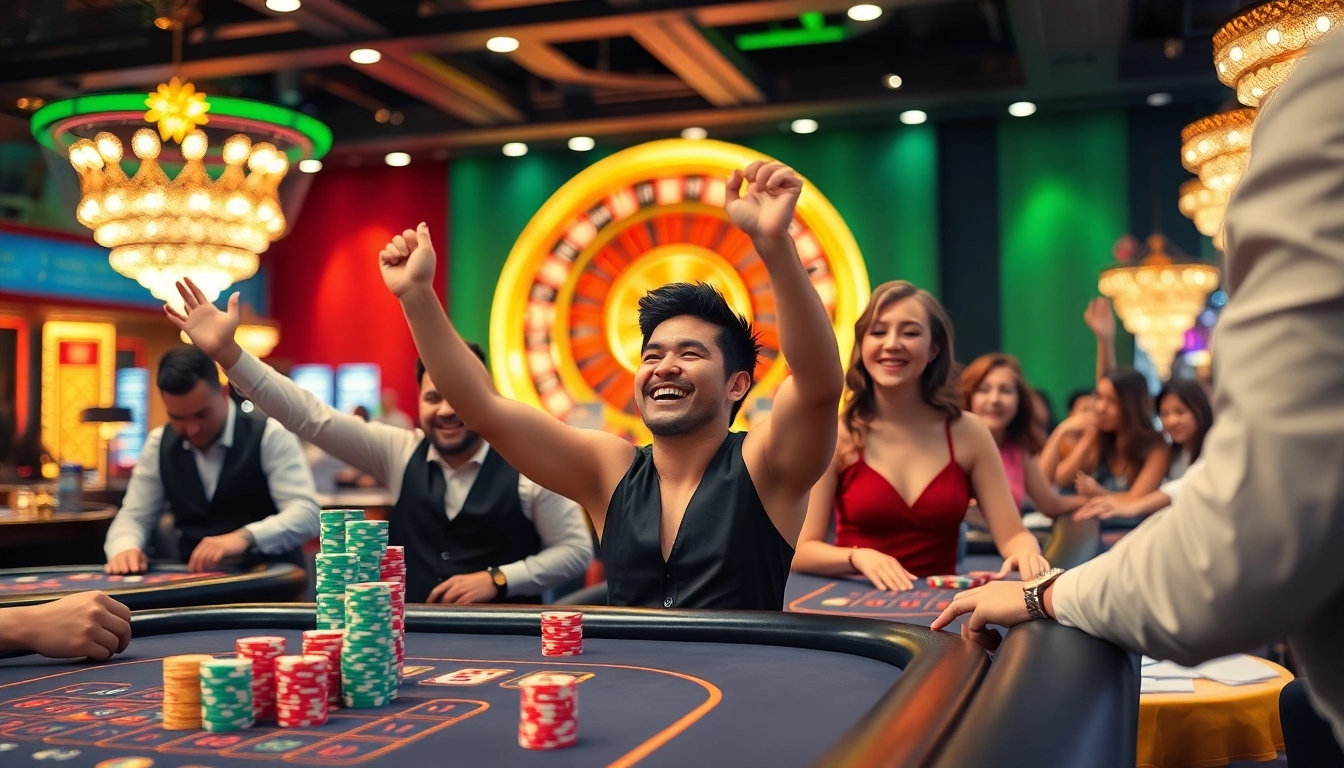Players enjoying game bài đổi thưởng at a vibrant casino table, surrounded by excitement and anticipation.