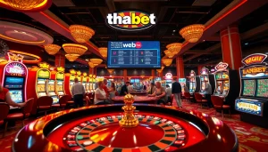 Experience the excitement of gaming on thabet web as players cheer around a roulette table in a luxurious casino.