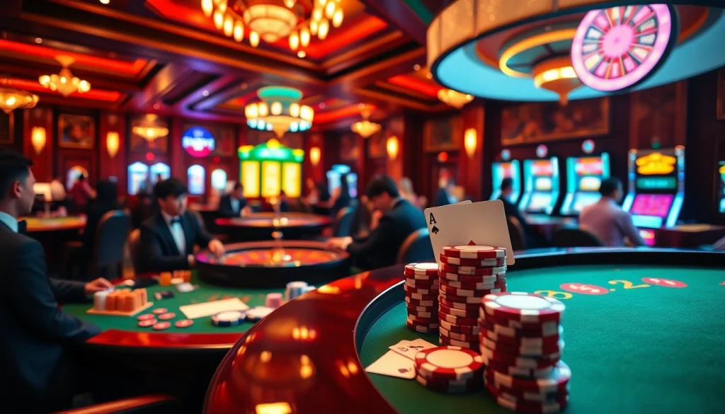 Exciting casino scene featuring players winning using link vào 69VN at poker and roulette tables with vibrant lights.