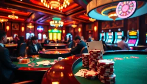 Exciting casino scene featuring players winning using link vào 69VN at poker and roulette tables with vibrant lights.