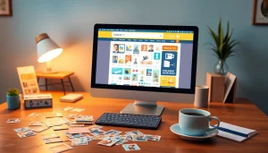 Buy postage stamps online with ease from an inviting computer shopping scene.