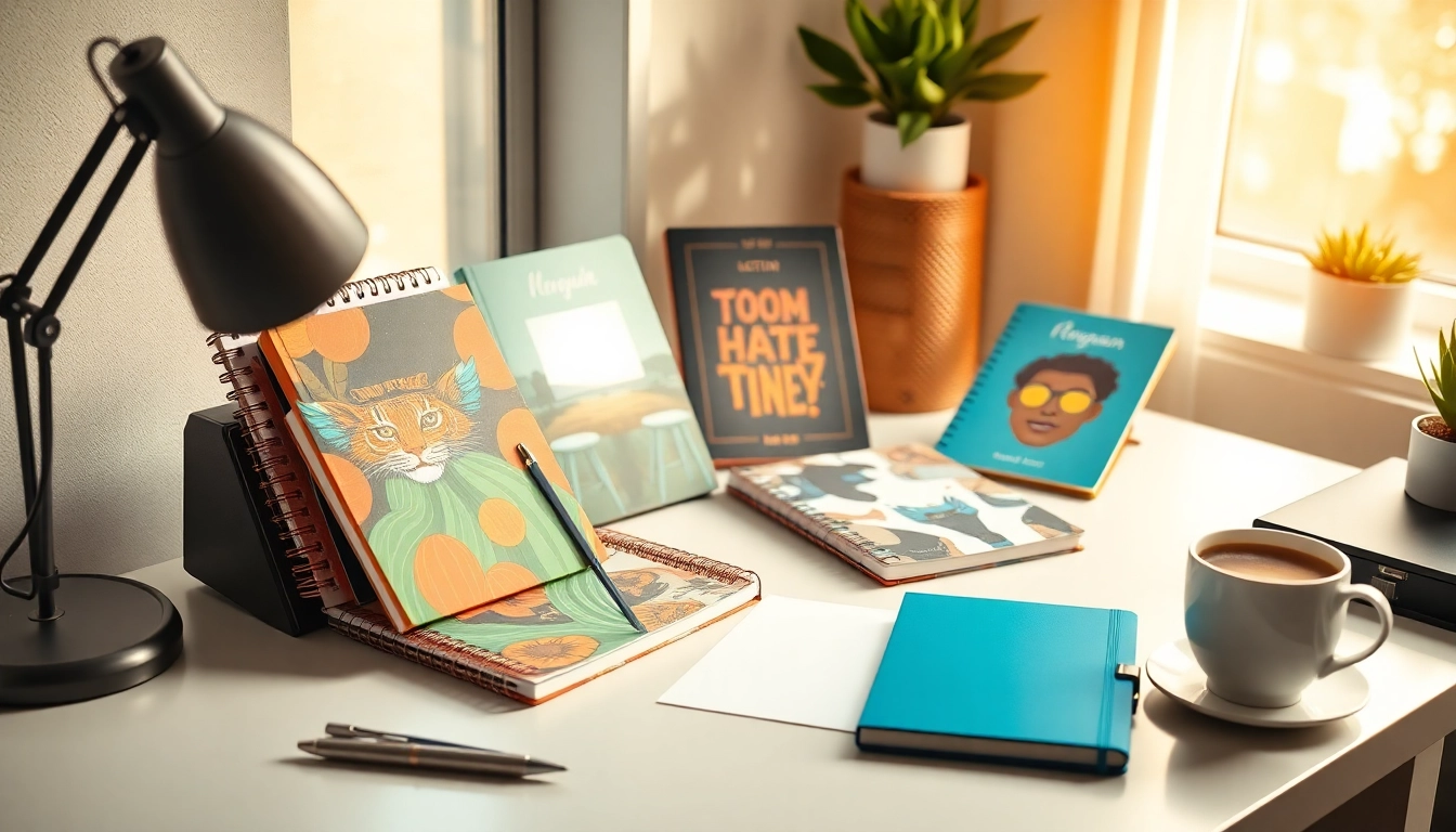 Explore custom printed notebooks with vibrant designs on a stylish desk.
