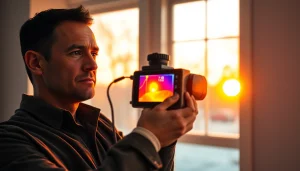 Technician conducts Thermal Imaging Leak Detection, highlighting temperature variations in a residential setting.