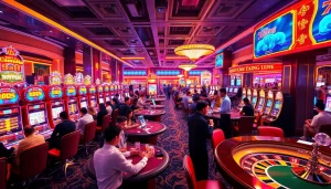 A lively casino featuring tables, slot machines, and vibrant gambling activities at KJC – Kiến Tạo Lý Tưởng.