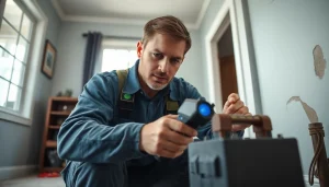Expert technician performing underground leak detection using thermal imaging and acoustic devices in a residential setting.