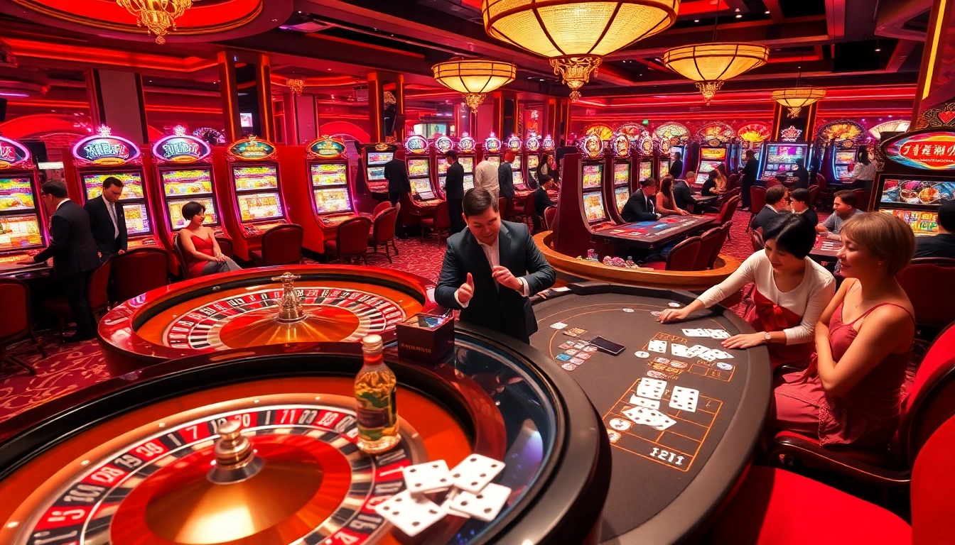 Exciting casino scene featuring 상품권카드, with players celebrating wins at roulette and poker tables.