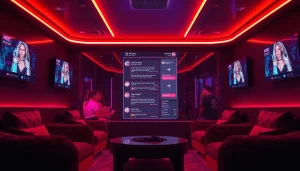 Engaging ai sex chat scene in a cozy digital lounge, featuring a futuristic chat interface.