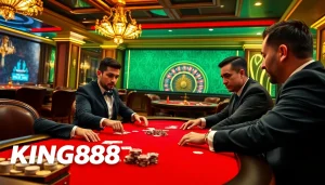 Experience thrilling poker action at https://king88b.us.com/, showcasing vibrant chips and professional gameplay.