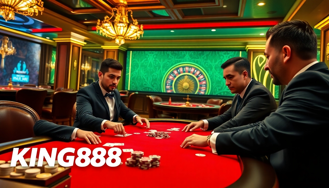 Experience thrilling poker action at https://king88b.us.com/, showcasing vibrant chips and professional gameplay.
