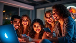 Engaging 'porn chat' scene with diverse adults connecting via video chat, illuminated by colorful screens.