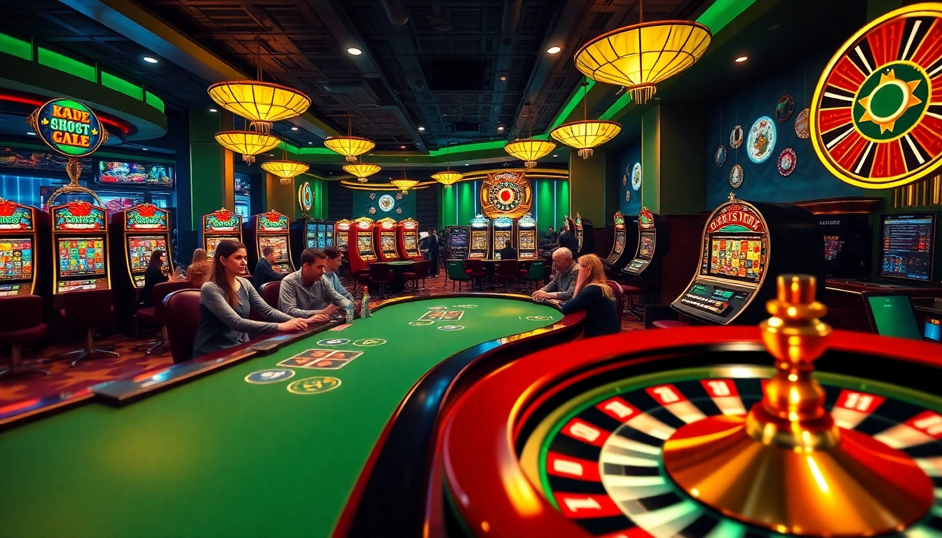 Engaging players at the doaslot online casino showing poker action and slot machines.