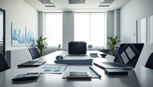 Biuro rachunkowe dla firmy budowlanej świadczące profesjonalne usługi księgowe w nowoczesnym biurze.