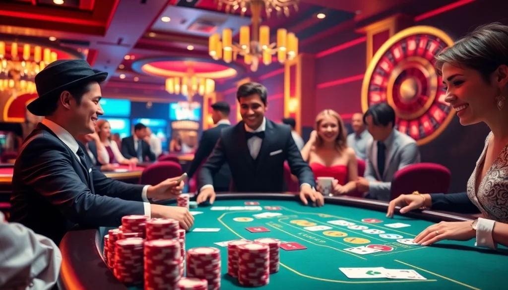 Experience the thrill of kjc xx88 with players enjoying blackjack and roulette in a luxurious casino.