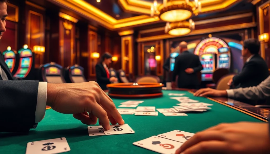 Experience high-stakes poker at a luxurious casino featuring s8 poker chips and vibrant slot machines.