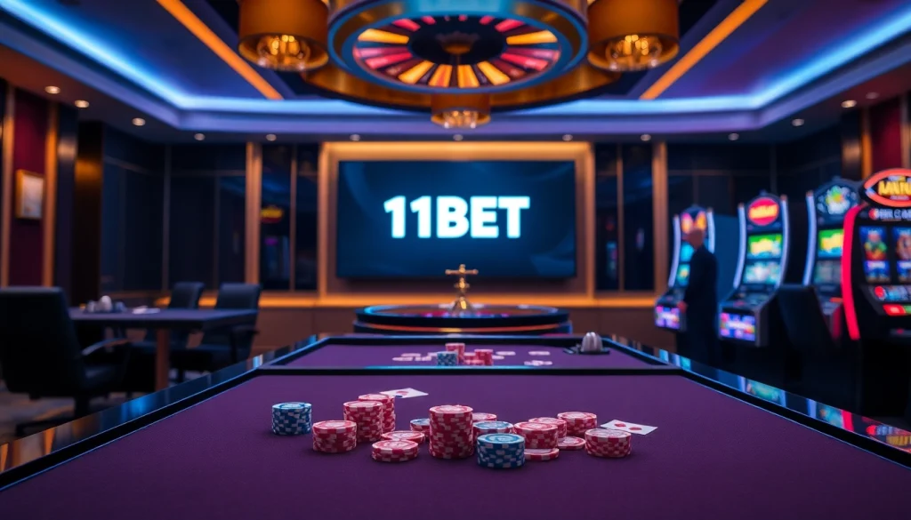 Players enjoying poker at a luxurious casino table with 11BET branding, showcasing excitement and strategy.