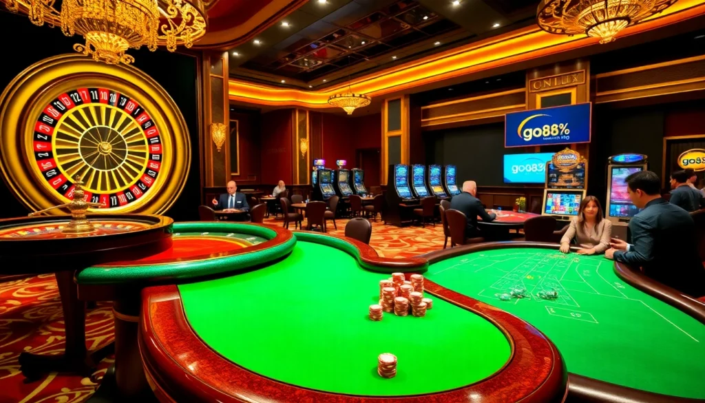 Engage in thrilling gameplay at go88vn.blog, featuring roulette wheels, poker chips, and vibrant casino tables.